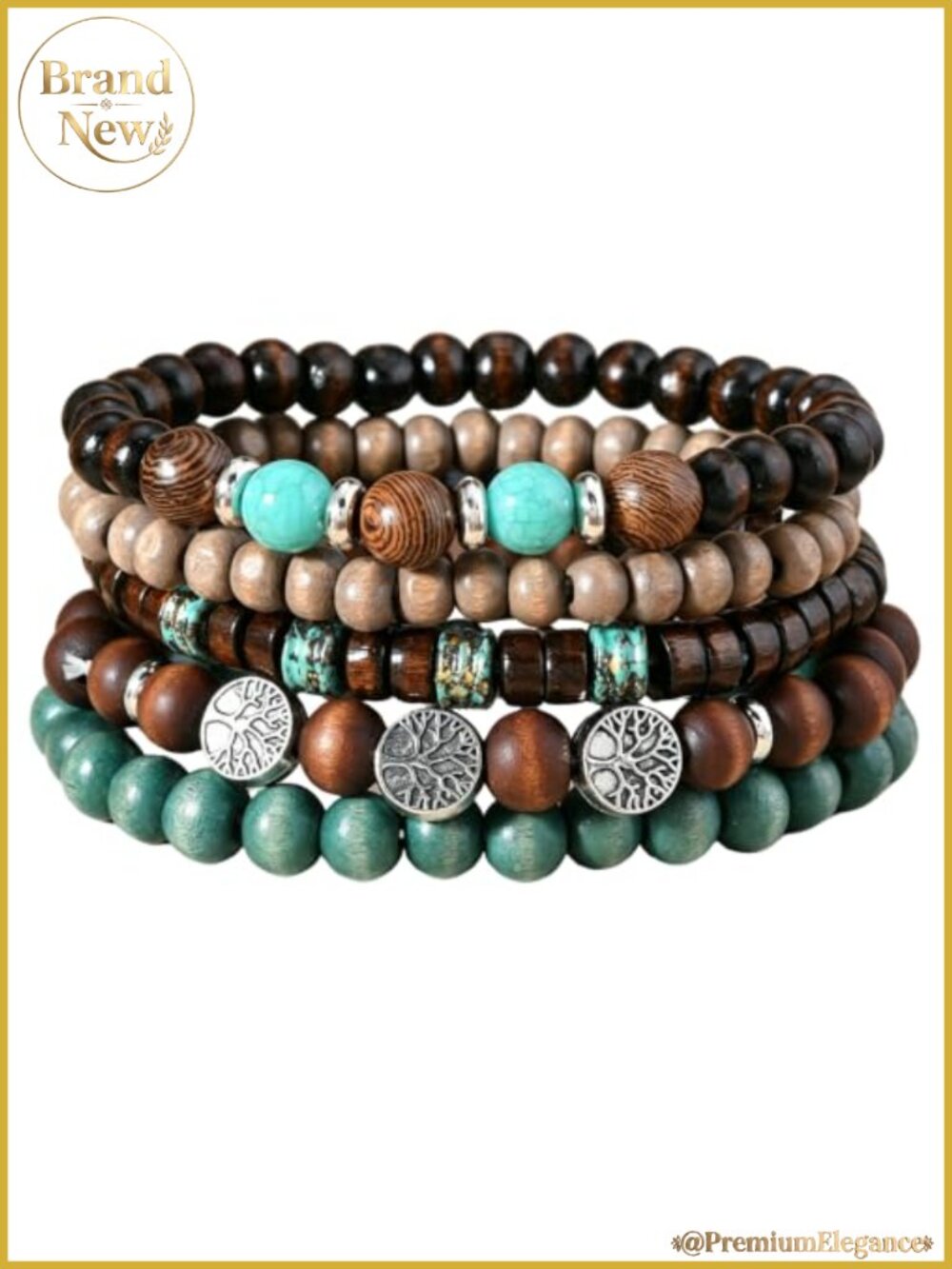 5PCS Boho Stackable Wood Bead Bracelet Set with Tree of Life Charms, Turquoise